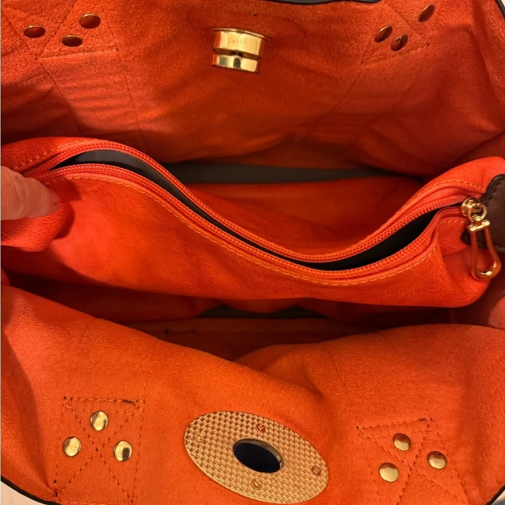 Alyssa Orange and Brown Leather‎ Shoulder Bag with Gold Clasp